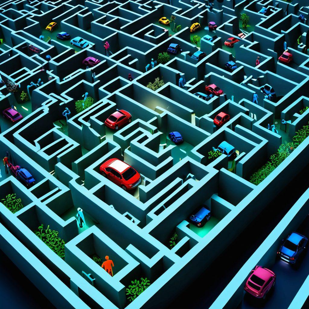 A complex maze with various paths labeled with insurance terms and icons like cars, dollar signs, and checklists. In the foreground, a thoughtful individual examines a roadmap to affordable coverage, looking determined. The background features vibrant colors representing different insurance options, creating an engaging, visually stimulating atmosphere. super-realistic. vibrant colors. 3D.