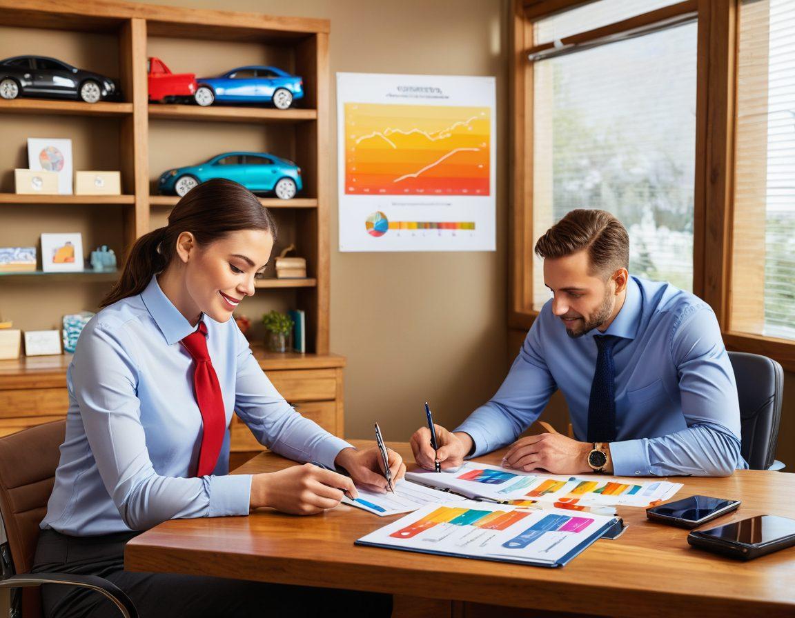 An inviting scene depicting a car insurance expert comparing policy documents with a couple in a cozy office, surrounded by car models and charts illustrating coverage options. Include a digital tablet displaying comparison graphs, and a stack of car keys symbolizing affordability. The color scheme should invoke trust and clarity. bright colors. super-realistic.